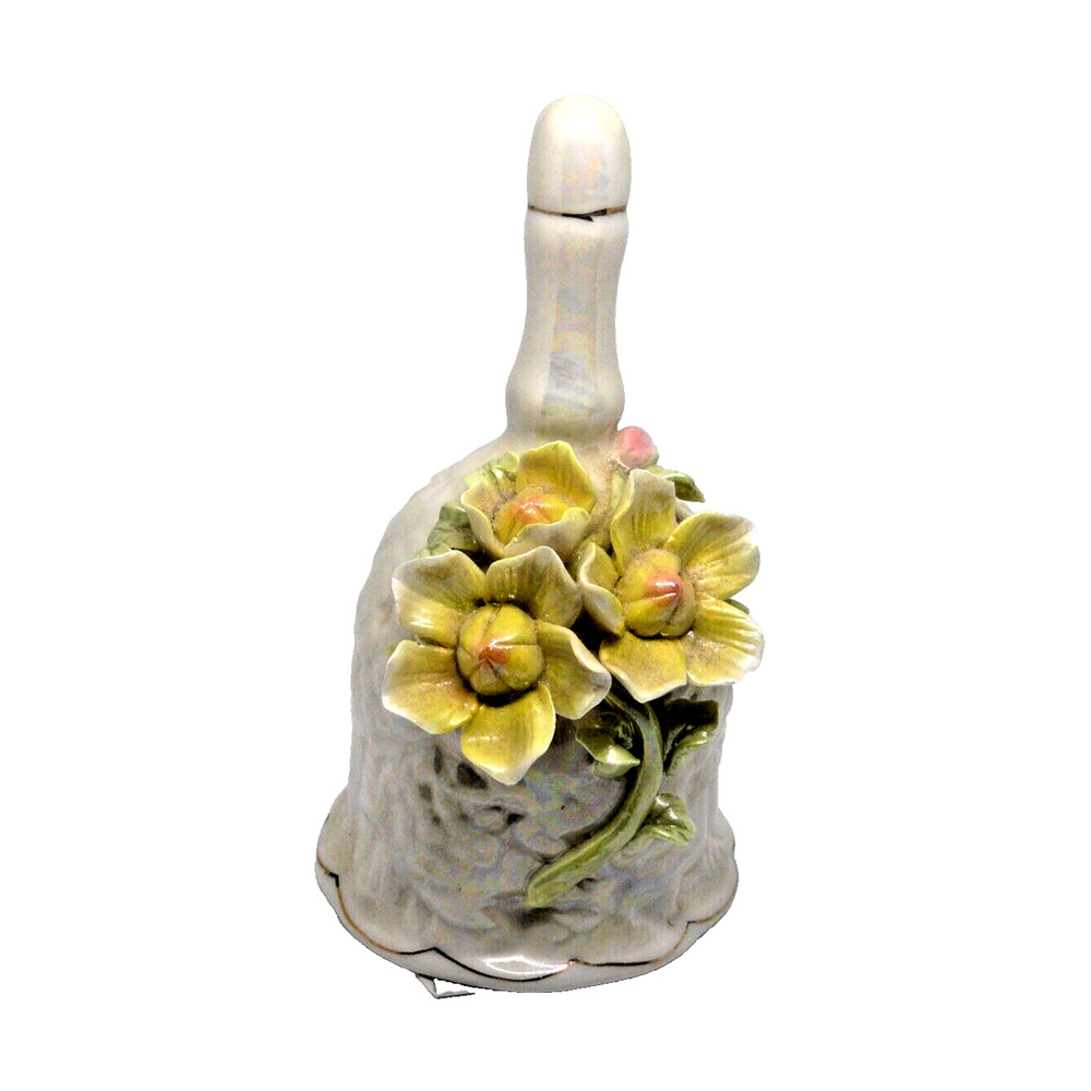 Bell Iridescent Applied Yellow Flowers Gold Trim Works Vintage